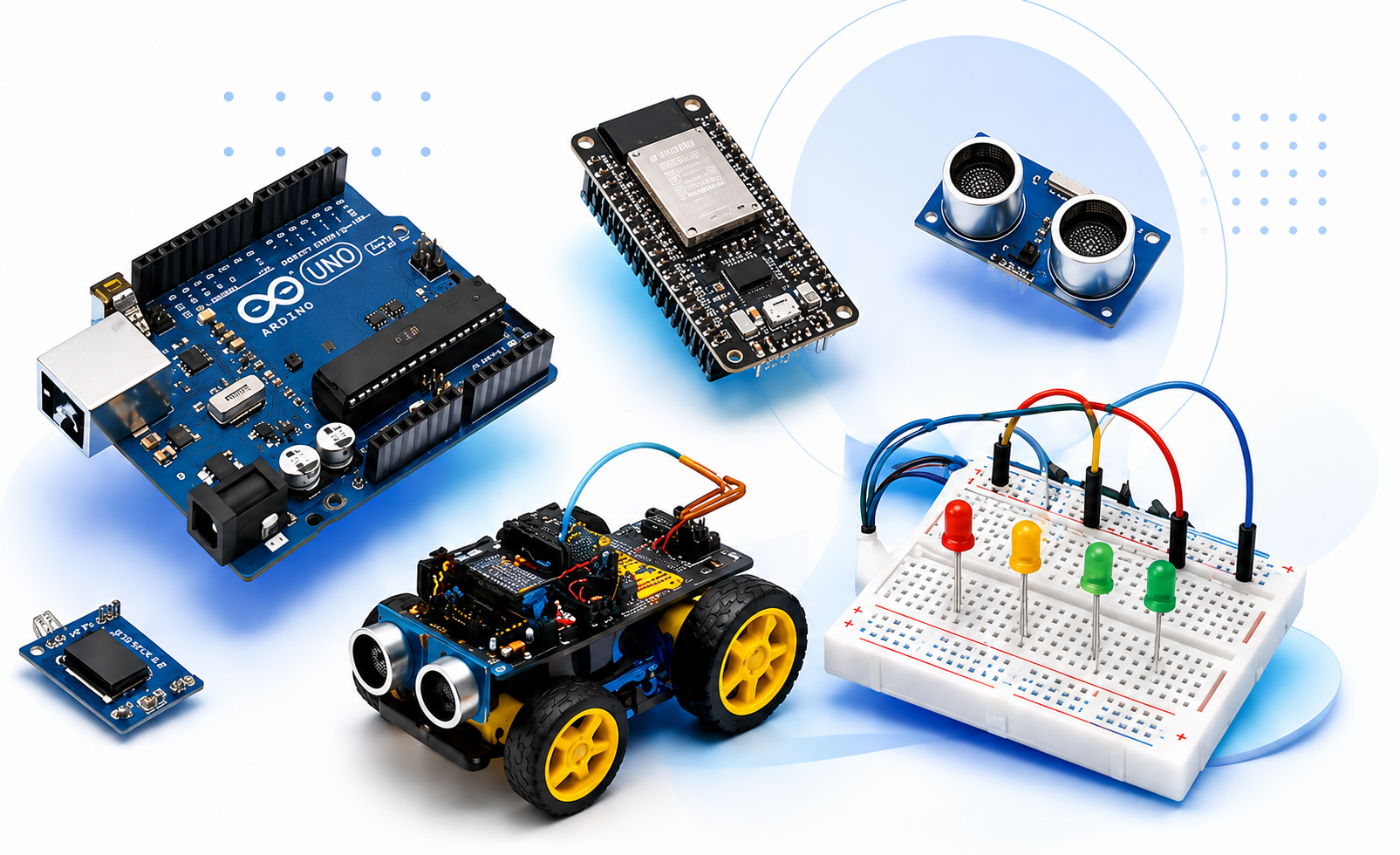 Arduino Uno R3, ESP32, ultrasonic sensor, robotics car and breadboard with LEDs